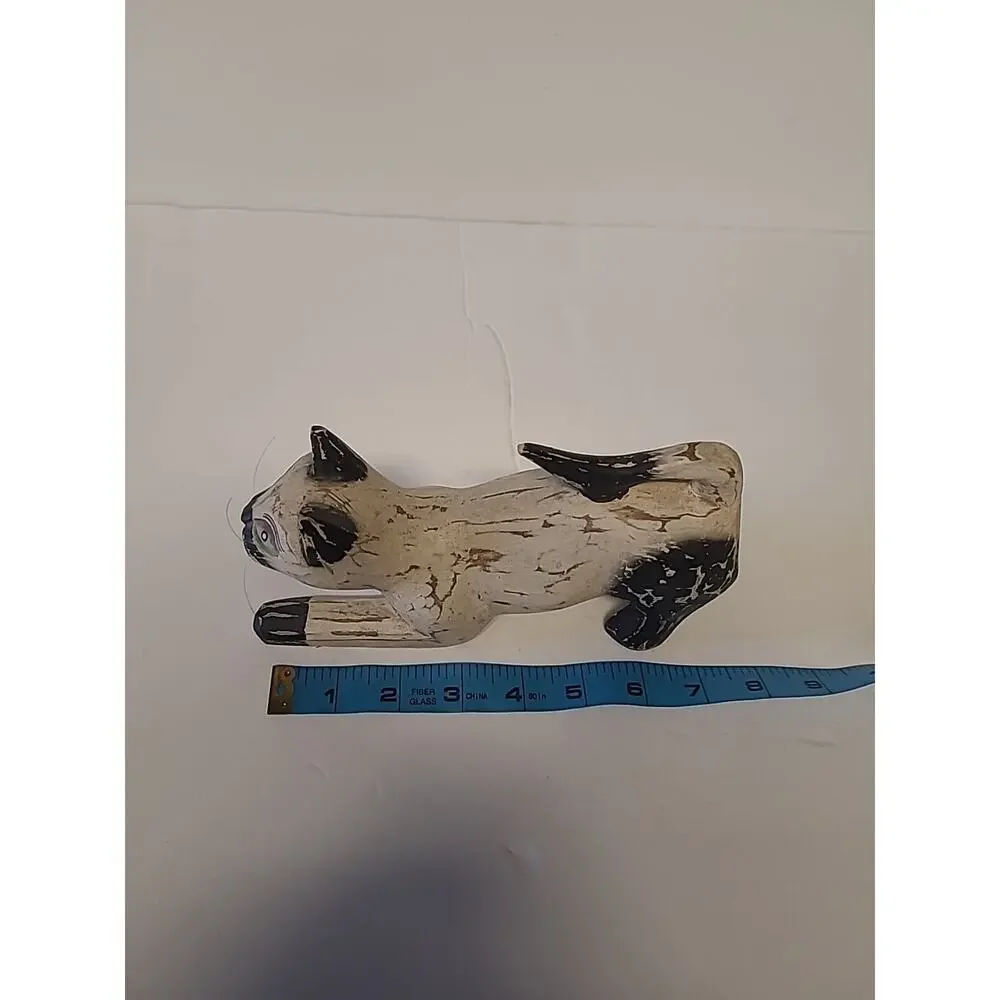 Siamese Cat Wooden Figurine Statue Green Eyes Stretching Animal Table Decoration